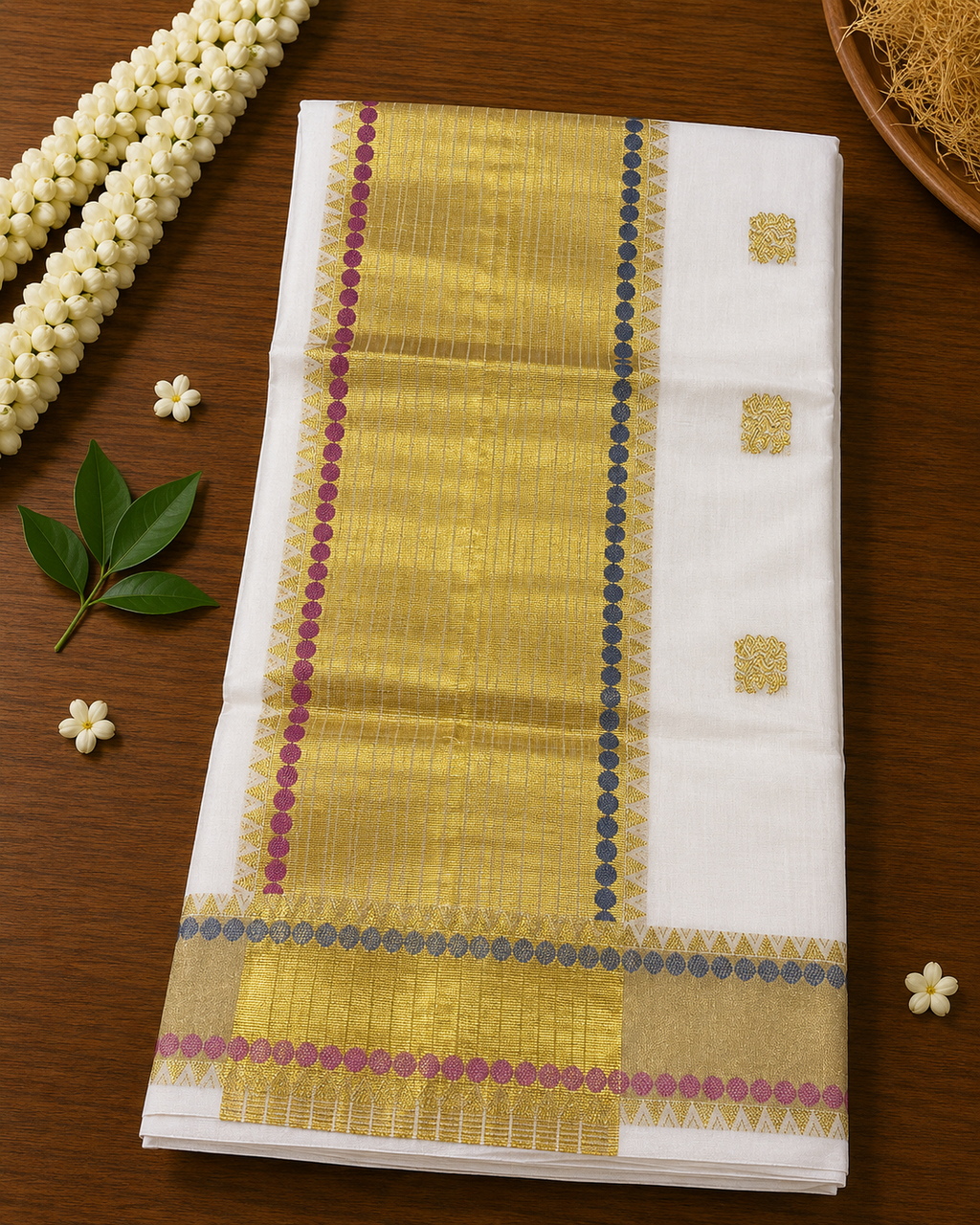 Premium Handloom Peacock & Polka Dot Design Kerala Saree