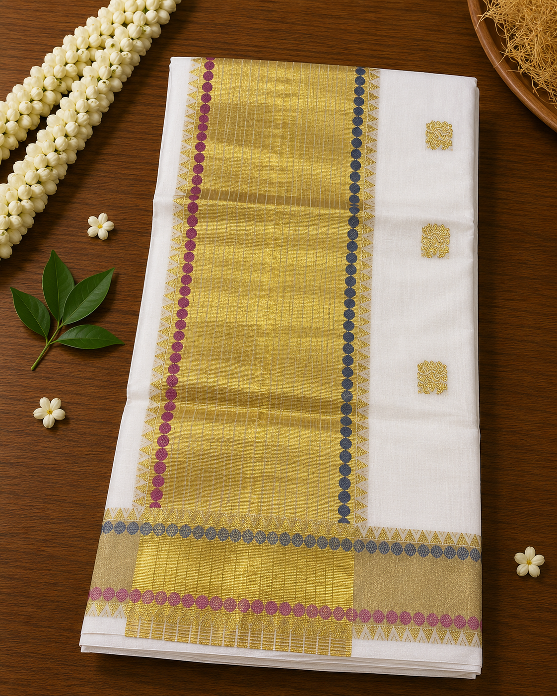 Premium Handloom Peacock & Polka Dot Design Kerala Saree