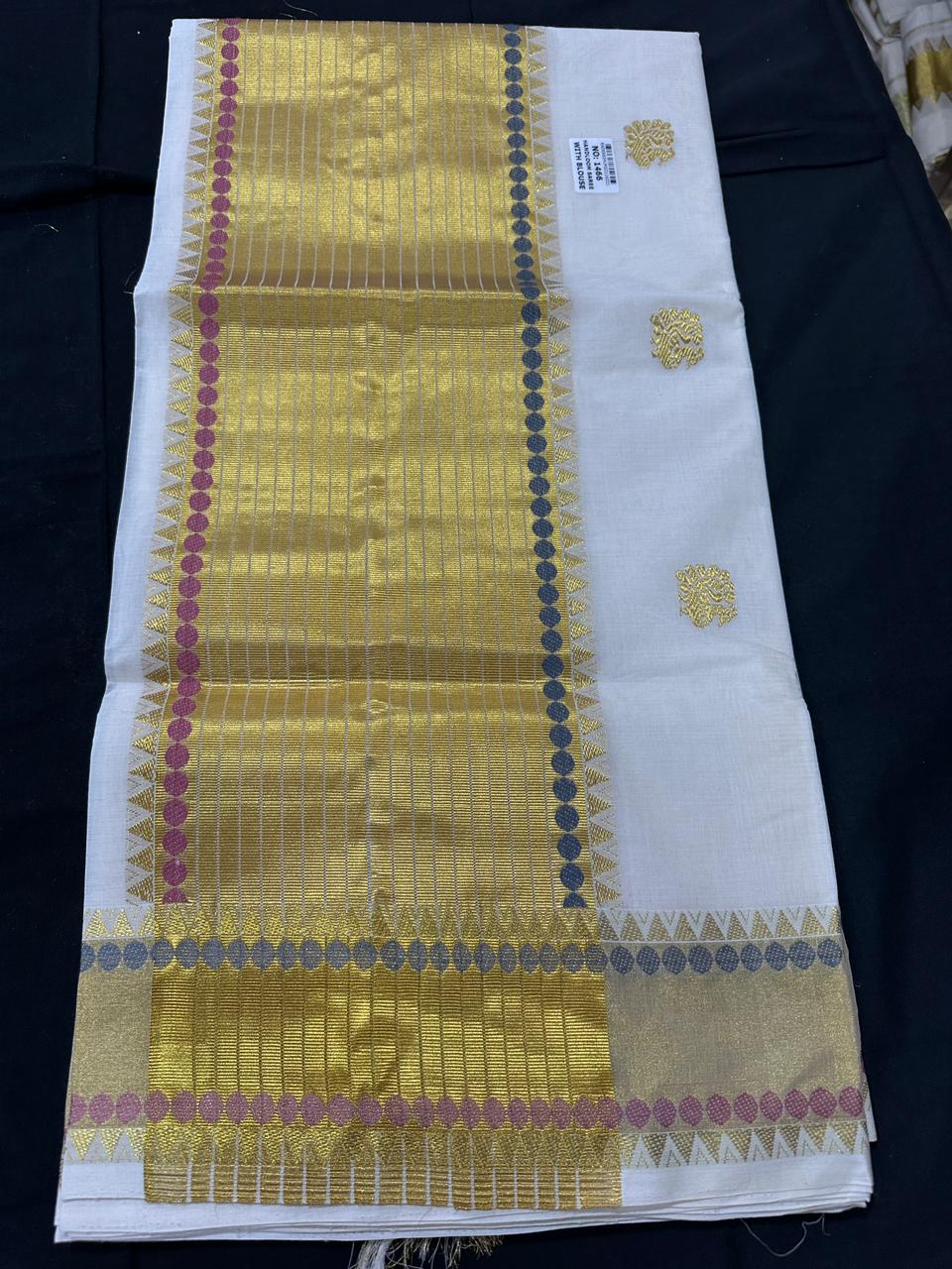 Premium Handloom Peacock & Polka Dot Design Kerala Saree