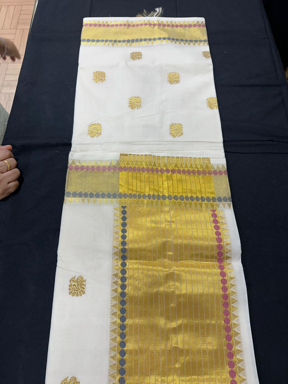 Premium Handloom Peacock & Polka Dot Design Kerala Saree