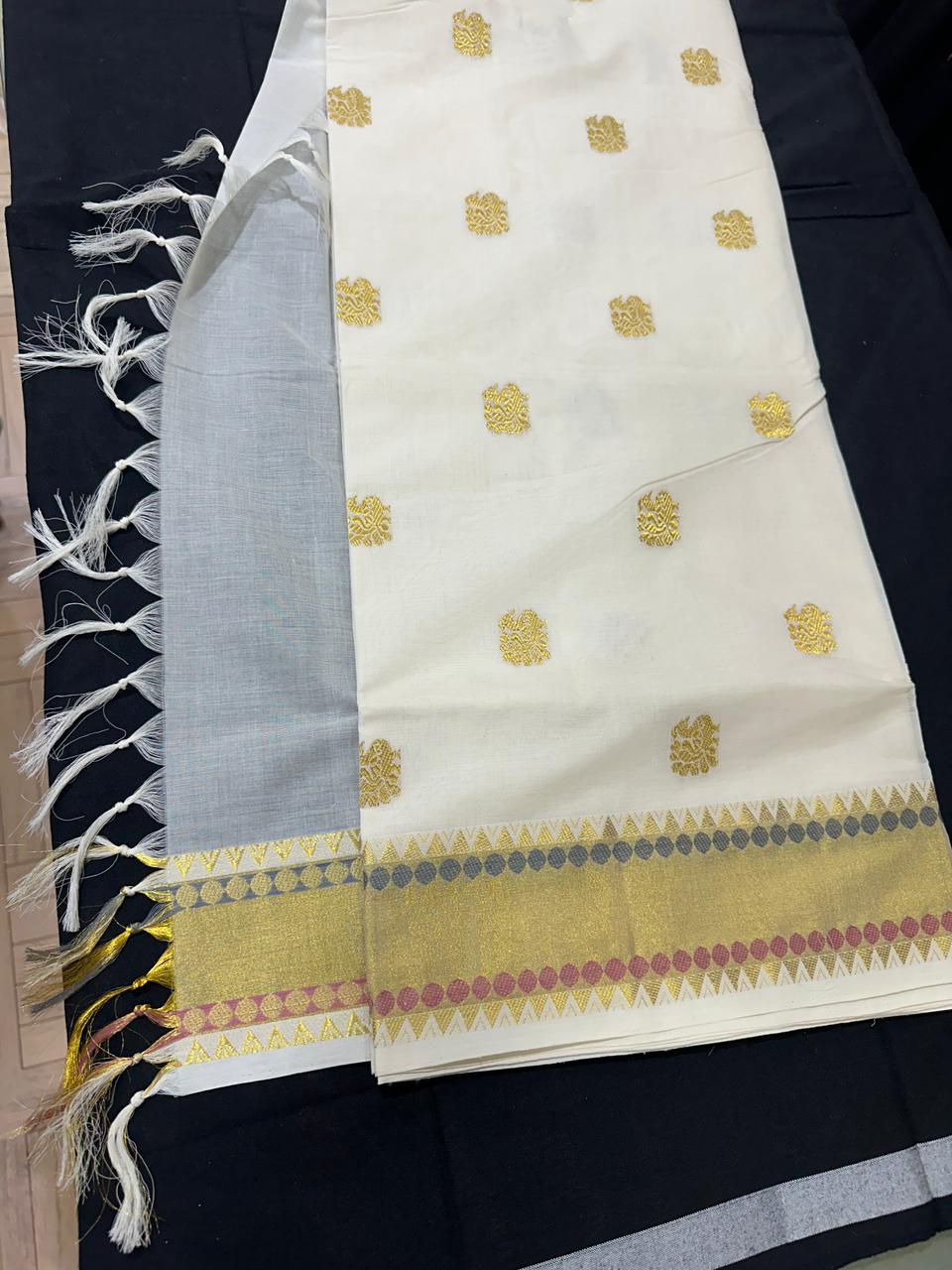 Premium Handloom Peacock & Polka Dot Design Kerala Saree