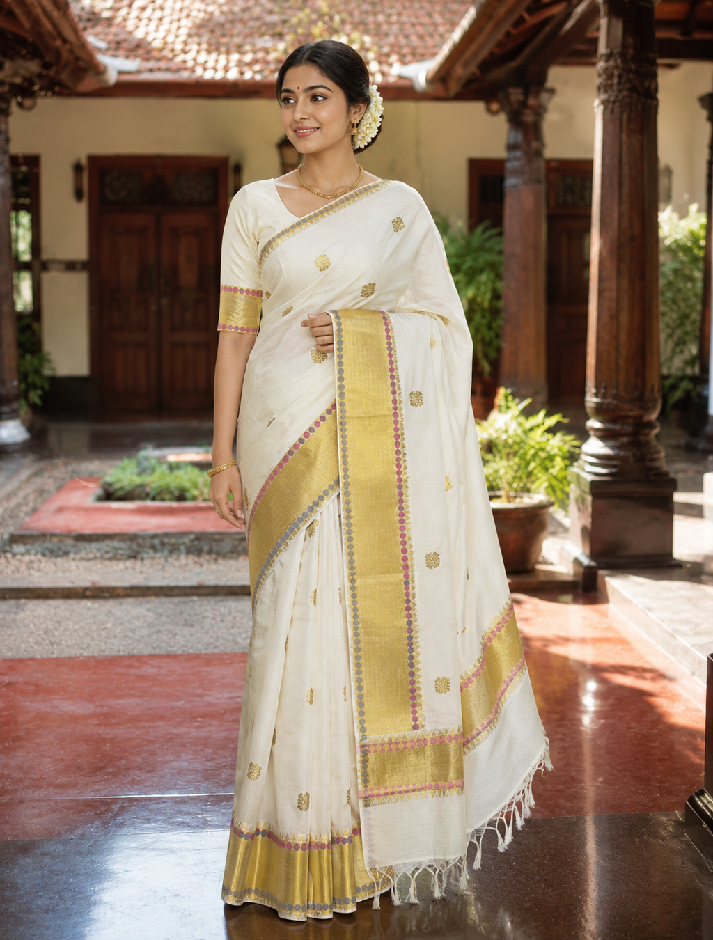 Premium Handloom Peacock & Polka Dot Design Kerala Saree