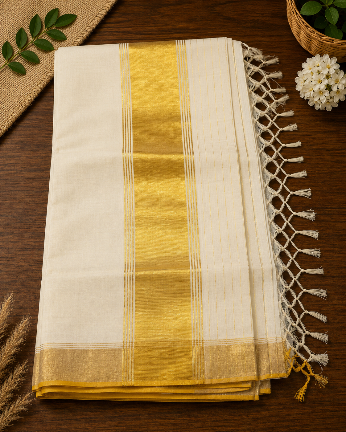 Premium Handloom Plain Saree with Lines (100/100 Count) & Running Blouse