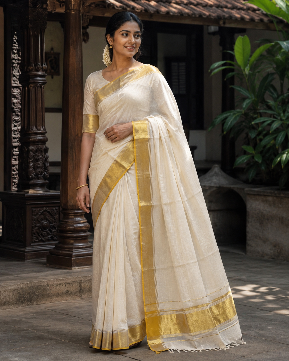 Premium Handloom Plain Saree with Lines (100/100 Count) & Running Blouse