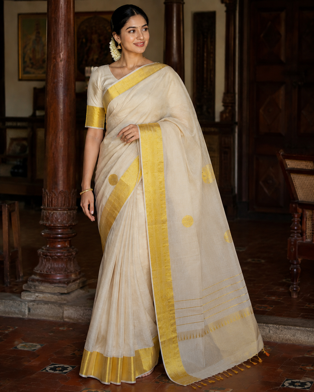 Premium Handloom Polka Design Saree (100/100 Count) with Running Blouse