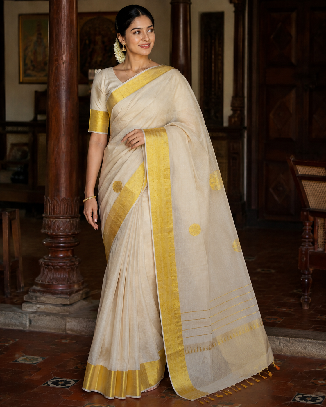 Premium Handloom Polka Design Saree (100/100 Count) with Running Blouse