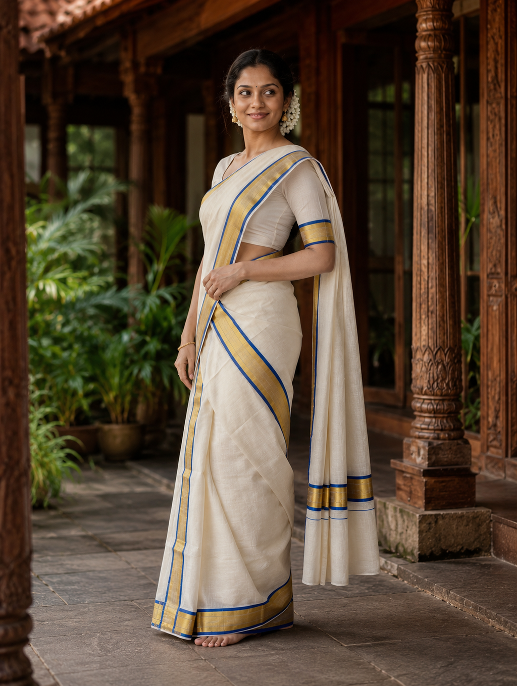 Premium Handloom Set Mundu (Mundu Neriyathum) Blue & Gold