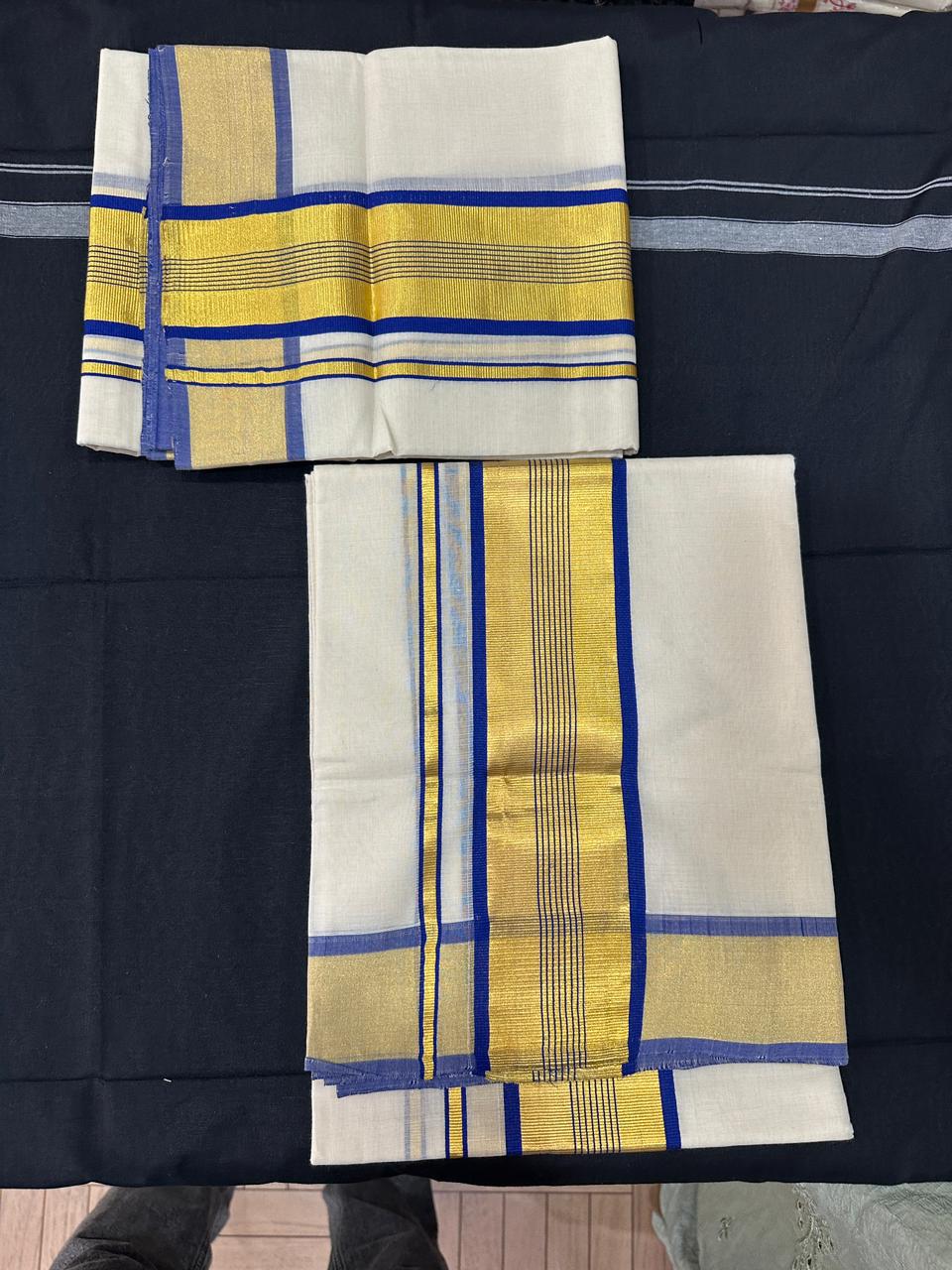 Premium Handloom Set Mundu (Mundu Neriyathum) Blue & Gold