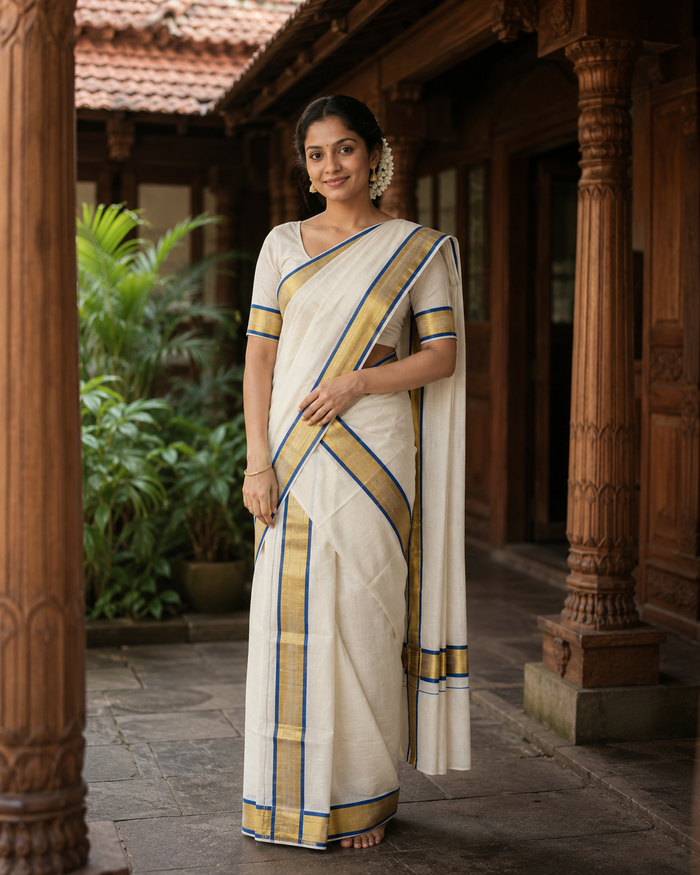 Premium Handloom Set Mundu (Mundu Neriyathum) Blue & Gold - SMHKL002