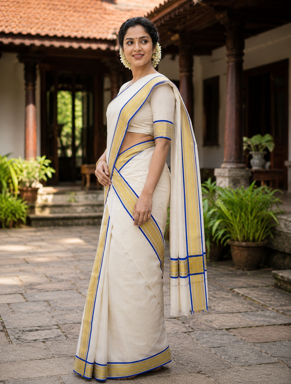 Premium Handloom Set Mundu (Mundu Neriyathum) Blue & Gold Stripes