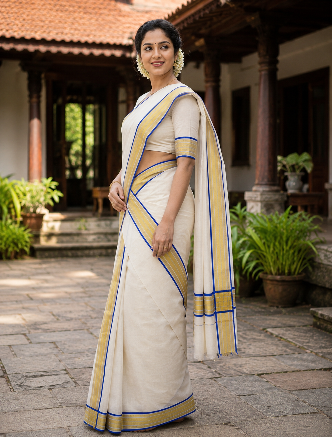Premium Handloom Set Mundu (Mundu Neriyathum) Blue & Gold Stripes