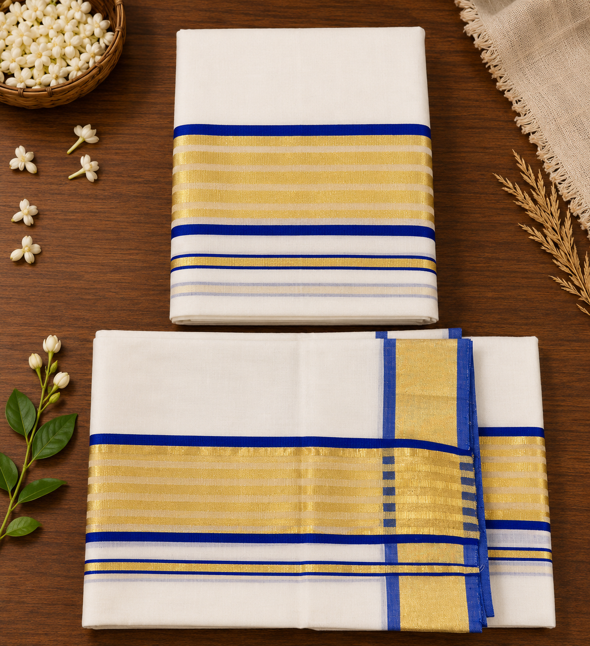 Premium Handloom Set Mundu (Mundu Neriyathum) Blue & Gold Stripes