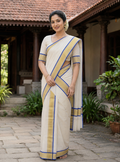 Premium Handloom Set Mundu (Mundu Neriyathum) Blue & Gold Stripes