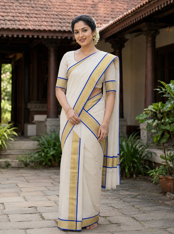 Premium Handloom Set Mundu (Mundu Neriyathum) Blue & Gold Stripes - SMHKL003
