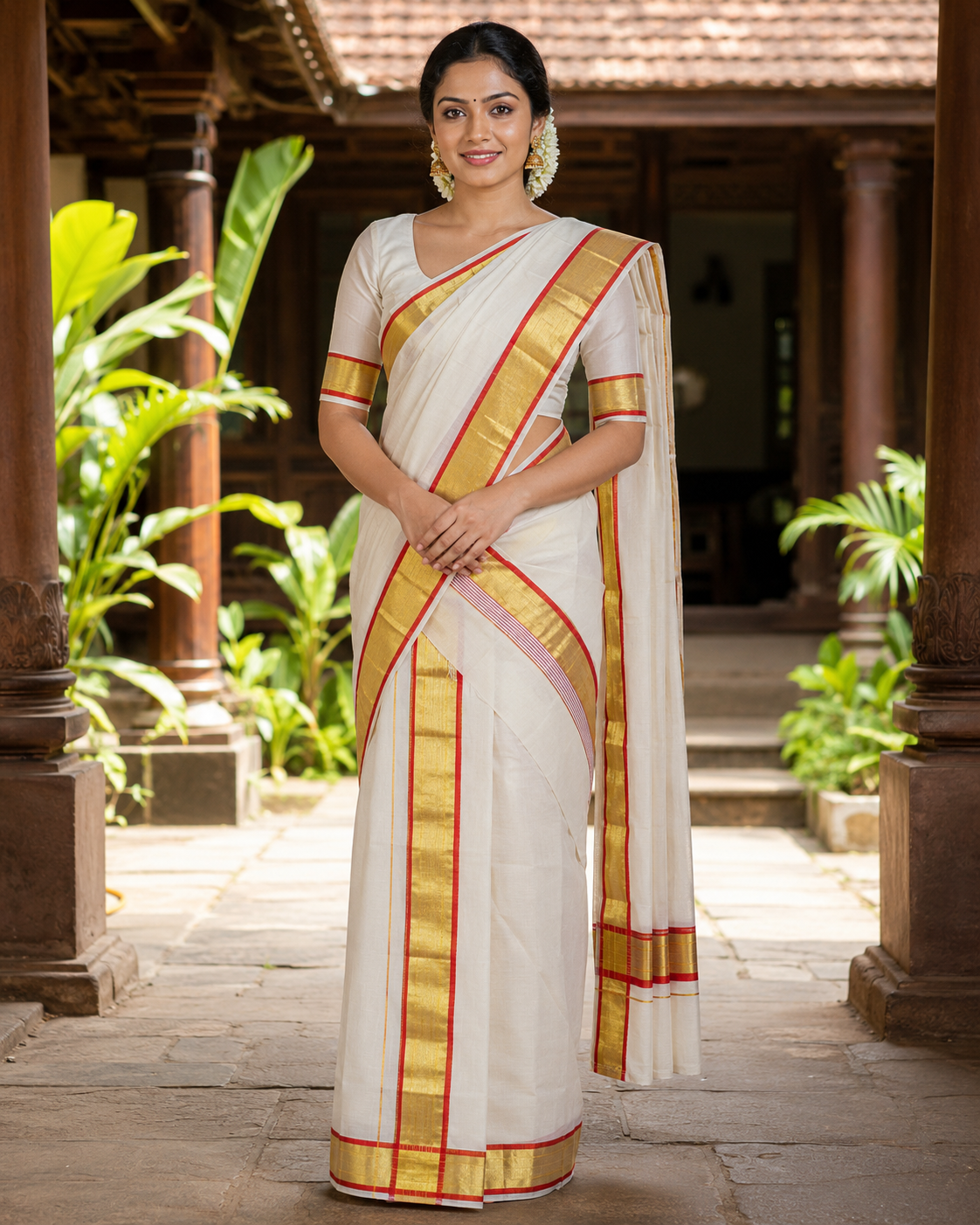 Premium Handloom Set Mundu (Mundu Neriyathum) Crimson Red