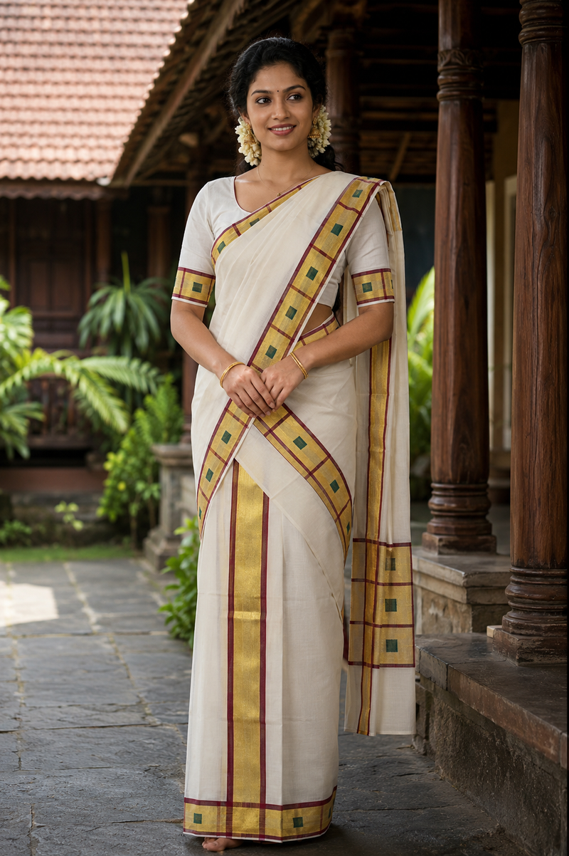 Premium Handloom Set Mundu (Mundu Neriyathum) Maroon -SMHKL005