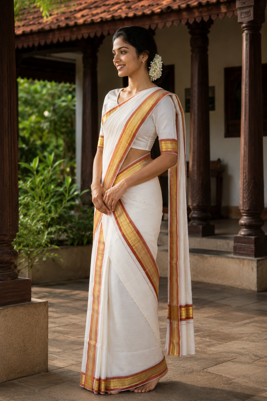 Premium Handloom Set Mundu (Mundu Neriyathum) Orange