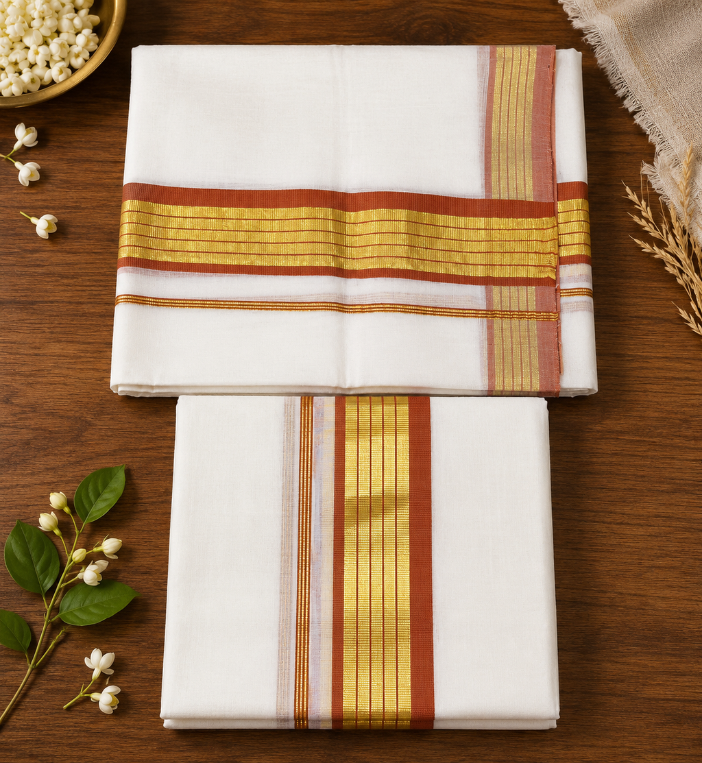 Premium Handloom Set Mundu (Mundu Neriyathum) Orange