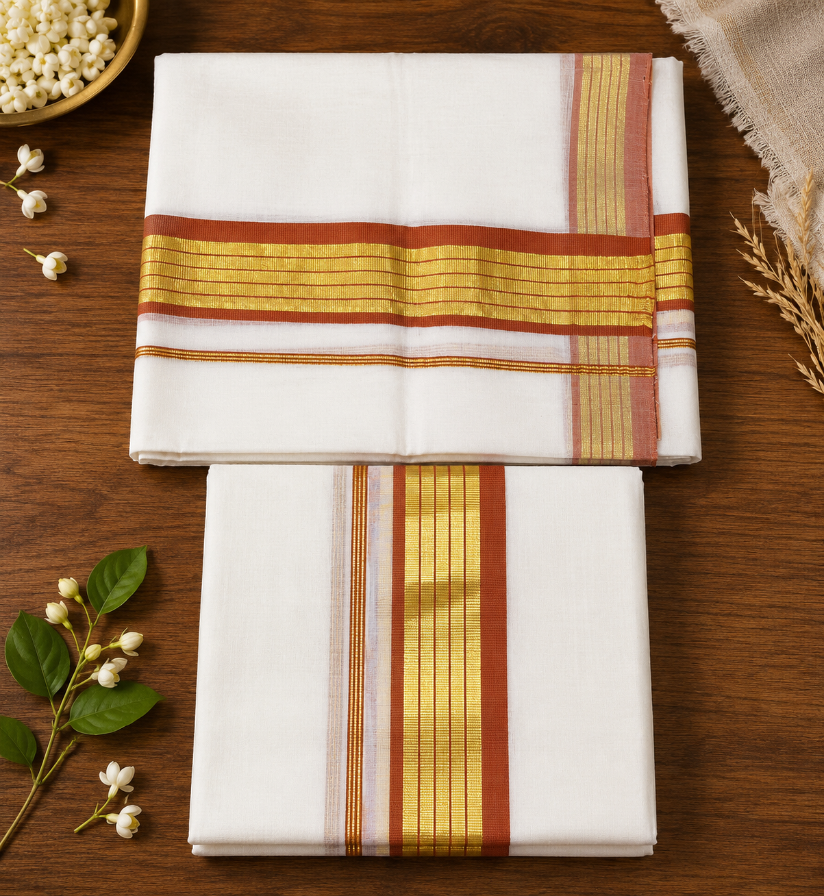 Premium Handloom Set Mundu (Mundu Neriyathum) Orange
