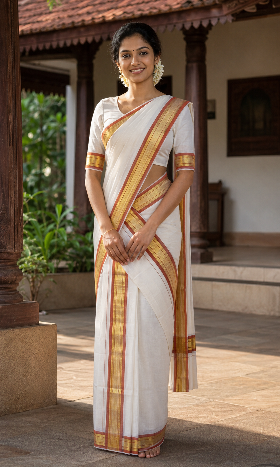Premium Handloom Set Mundu (Mundu Neriyathum) Orange