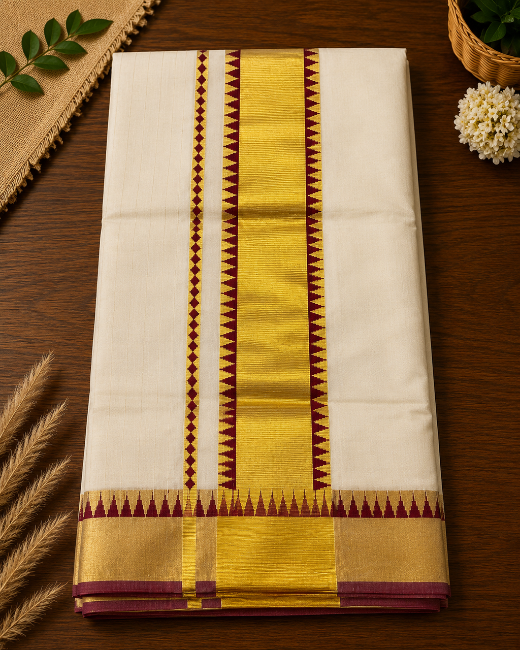 Premium Handloom Temple Design Saree (100/100 Count) with Running Blouse