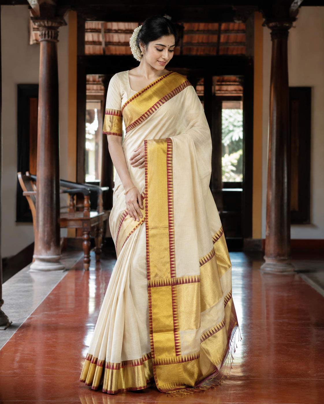 Premium Handloom Temple Design Saree (100/100 Count) with Running Blouse