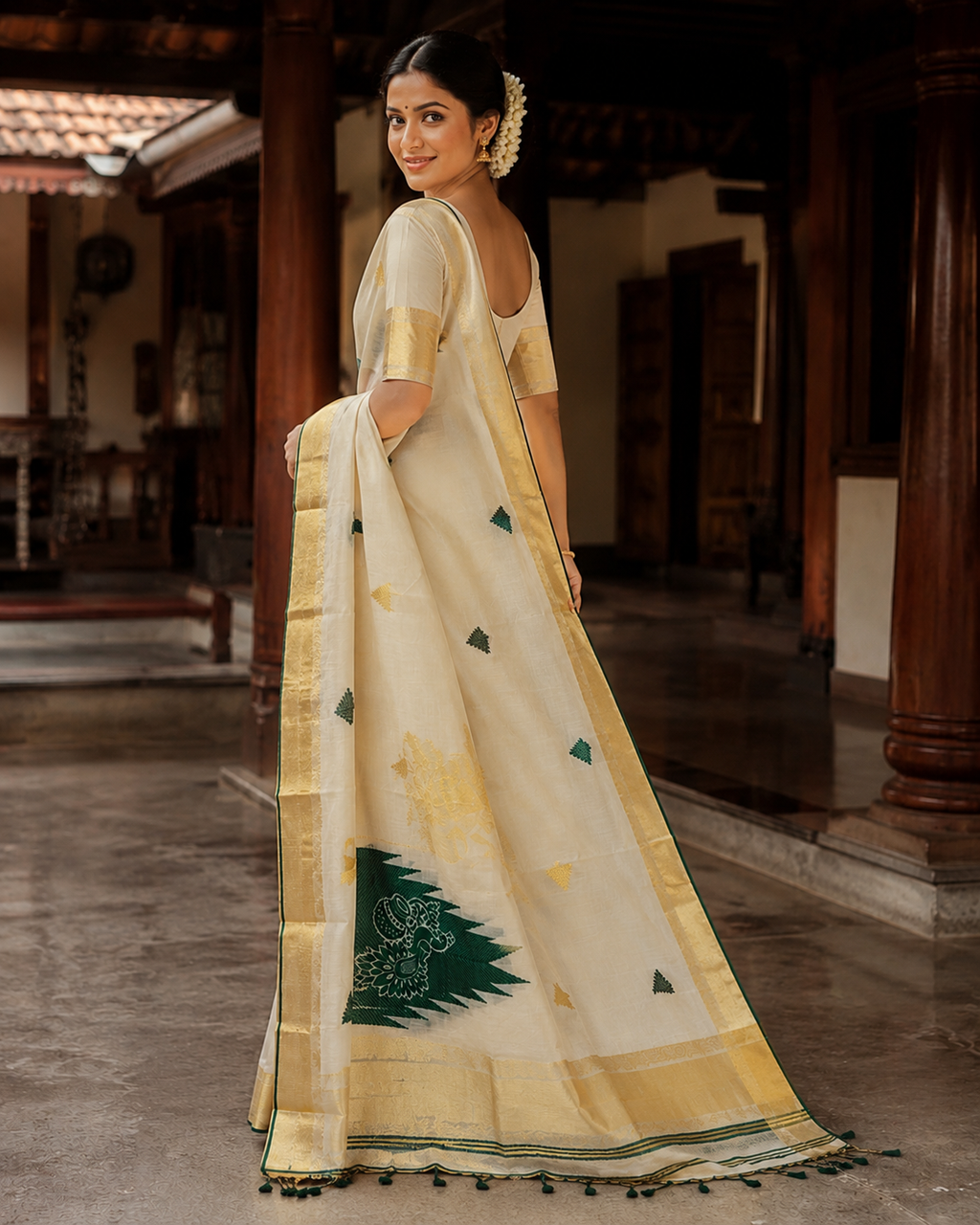 Premium Handloom Temple Design Saree (100/100 Count) with Running Blouse