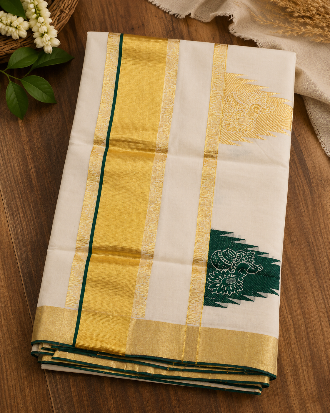 Premium Handloom Temple Design Saree (100/100 Count) with Running Blouse