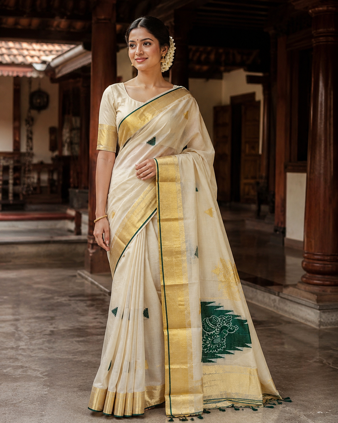 Premium Handloom Temple Design Saree (100/100 Count) with Running Blouse