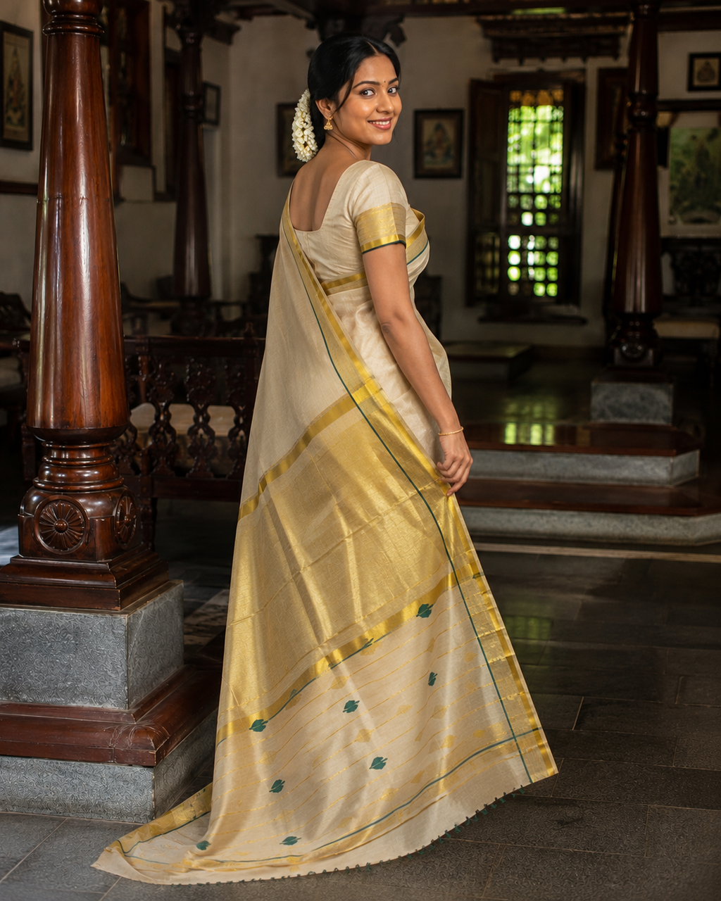 Premium Handloom Tissue Saree Green Leaf Design with Running Blouse