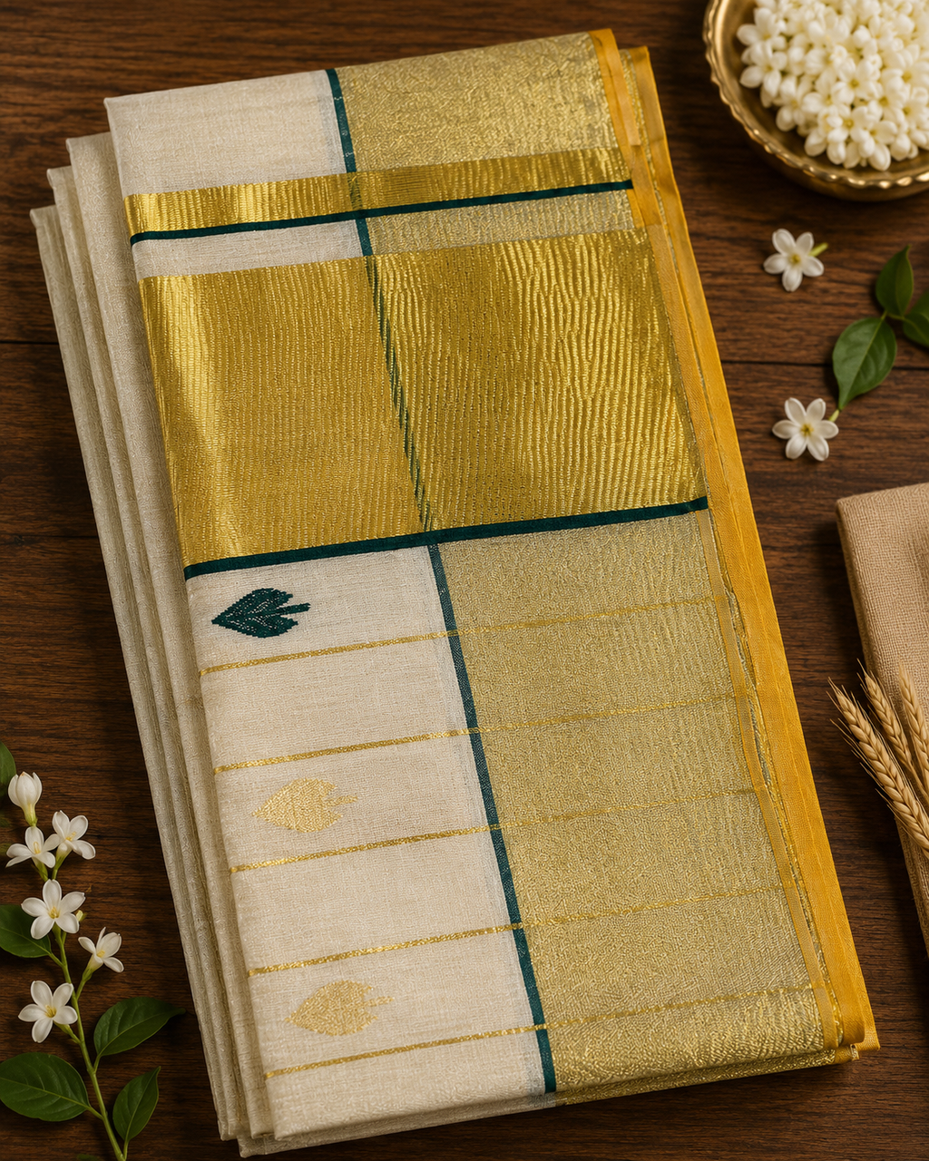 Premium Handloom Tissue Saree Green Leaf Design with Running Blouse