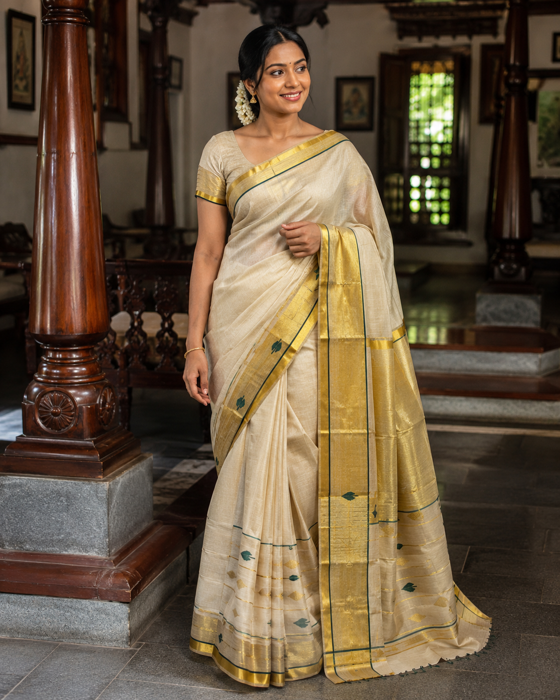 Premium Handloom Tissue Saree Green Leaf Design with Running Blouse
