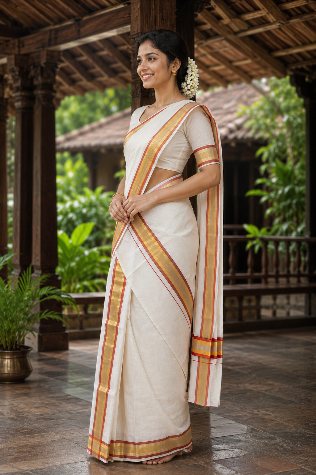 Premium Handloom Tissue Set Mundu (Mundu Neriyathum) with multi tone Orange Red and Gold Kasavu Border