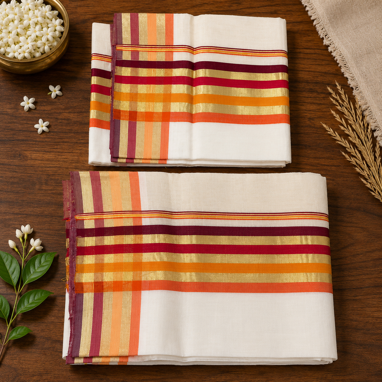 Premium Handloom Tissue Set Mundu (Mundu Neriyathum) with multi tone Orange Red and Gold Kasavu Border