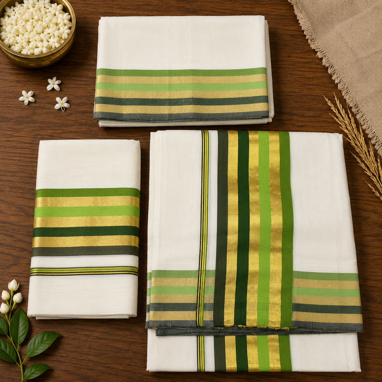Premium Handloom Tissue Set Mundu (Mundu Neriyathum) with multi tone Orange Red and Gold Kasavu Border