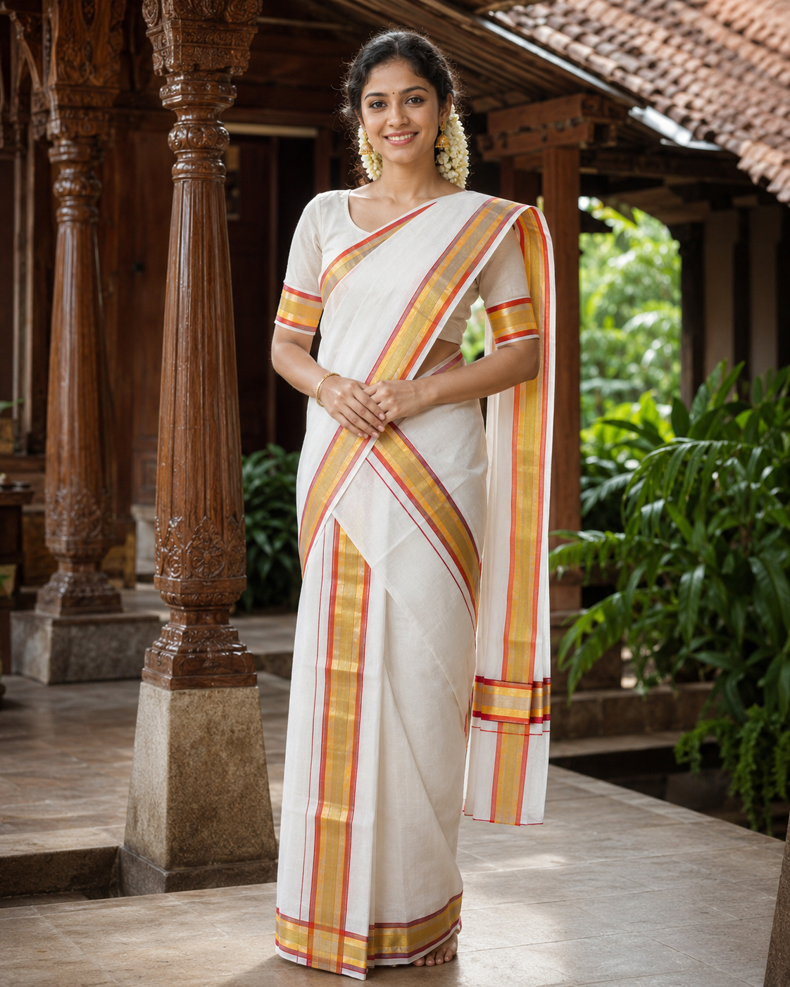 Premium Handloom Tissue Set Mundu (Mundu Neriyathum) with multi tone Orange Red and Gold Kasavu Border
