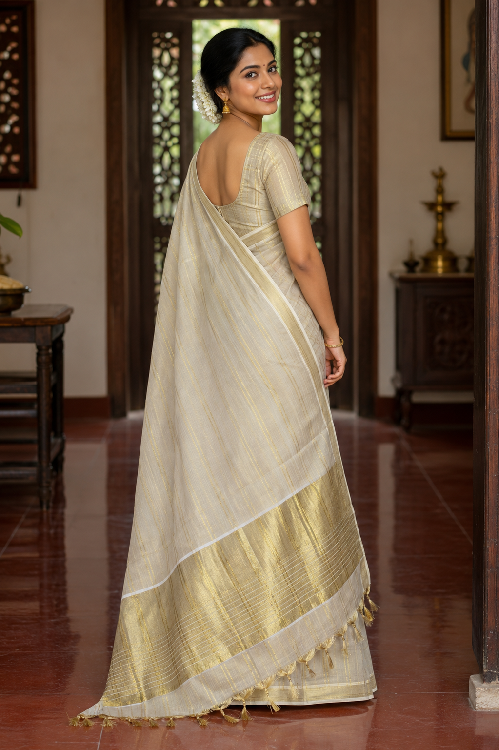 Premium Tissue Saree with Full-Body Stripes & Tassels