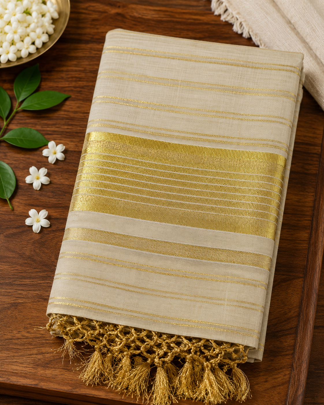 Premium Tissue Saree with Full-Body Stripes & Tassels