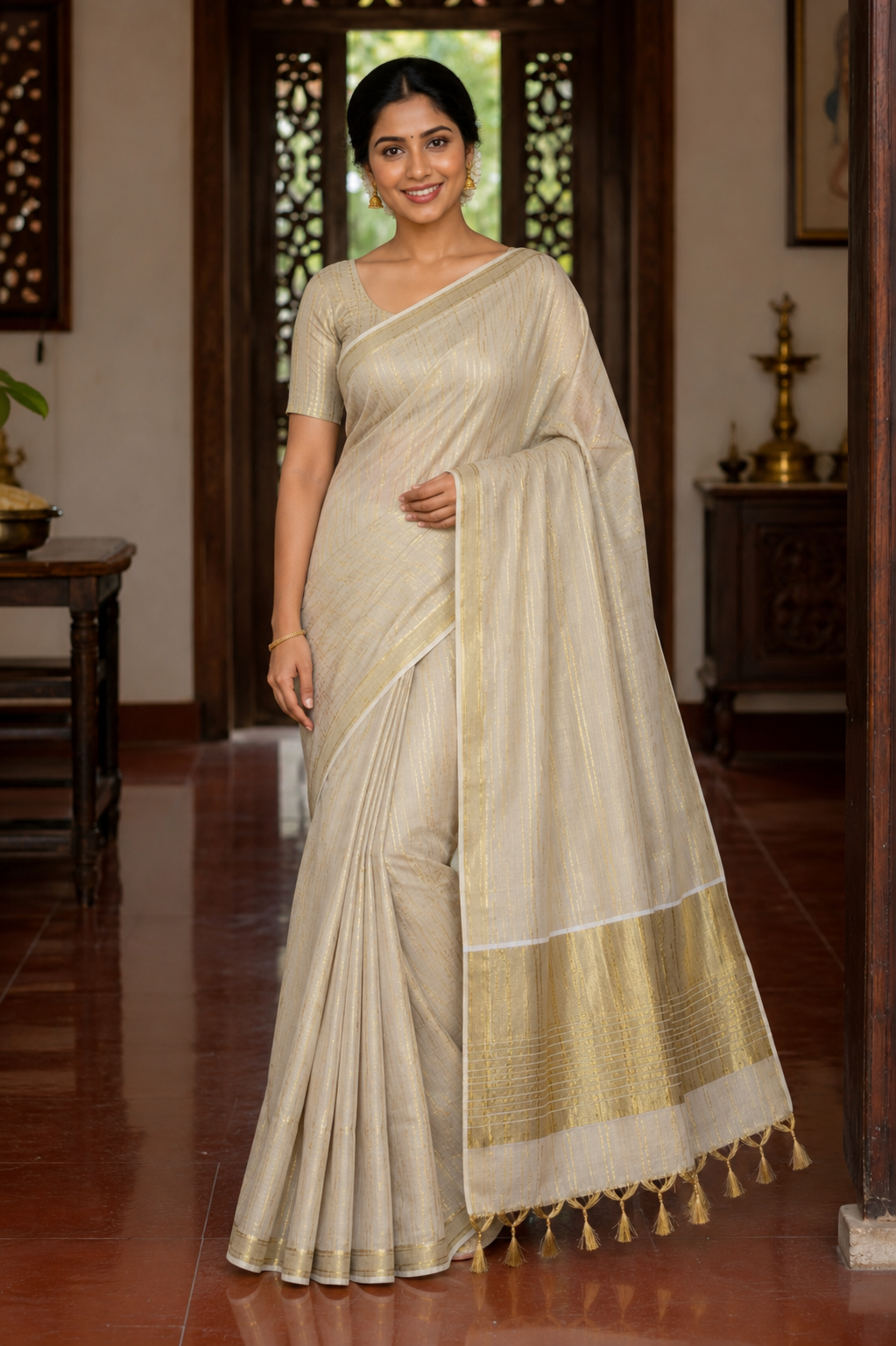 Premium Tissue Saree with Full-Body Stripes & Tassels