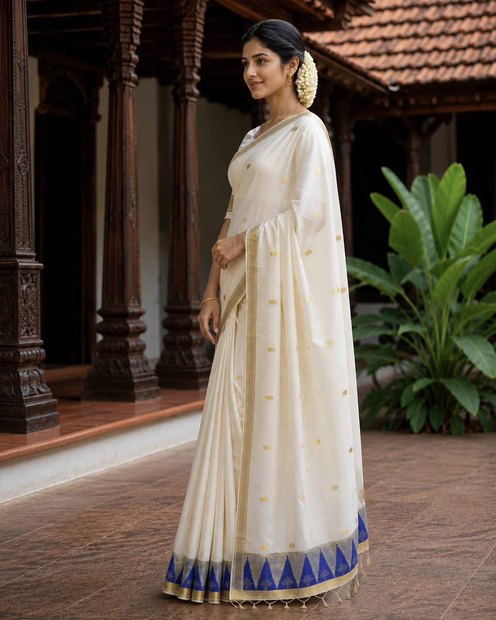 Pure Cotton Kerala Kasavu Saree with Blue Temple Design Border
