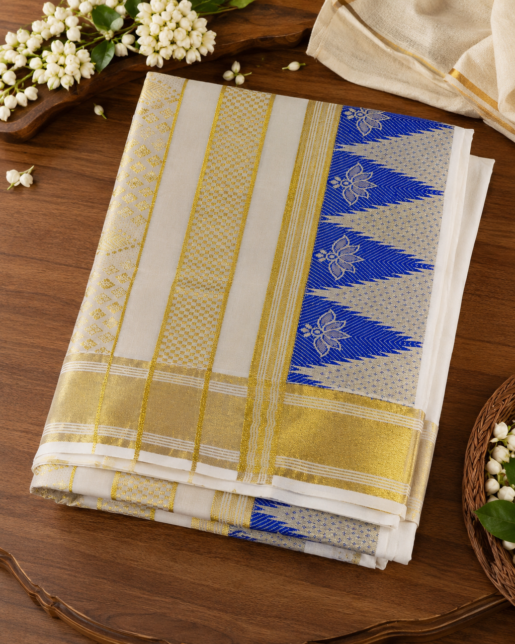 Pure Cotton Kerala Kasavu Saree with Blue Temple Design Border