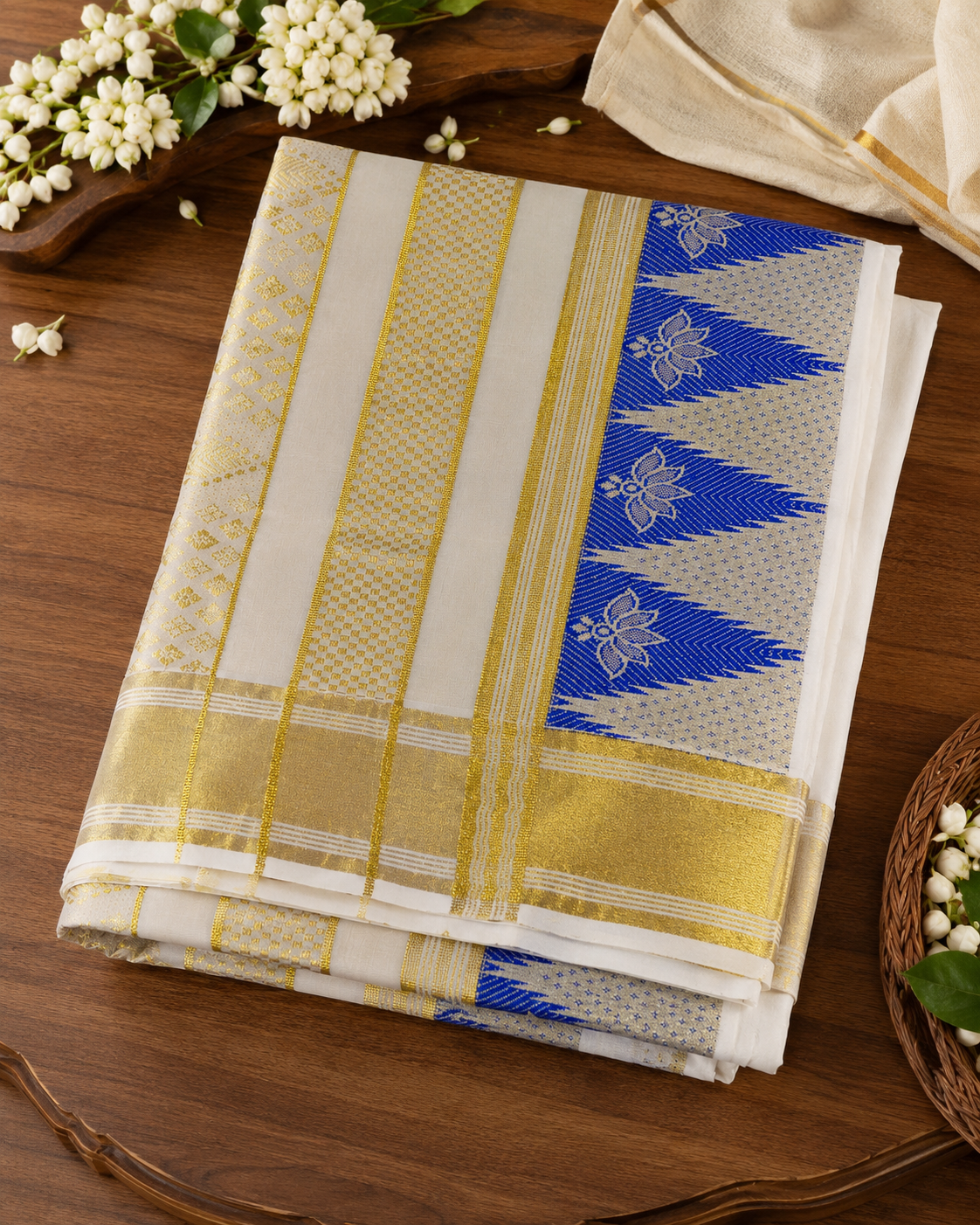 Pure Cotton Kerala Kasavu Saree with Blue Temple Design Border