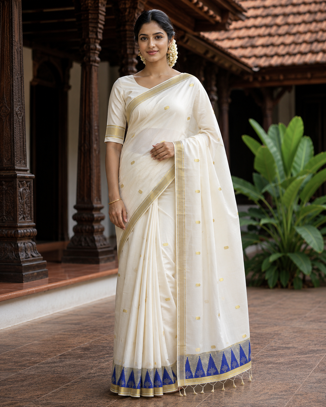 Pure Cotton Kerala Kasavu Saree with Blue Temple Design Border