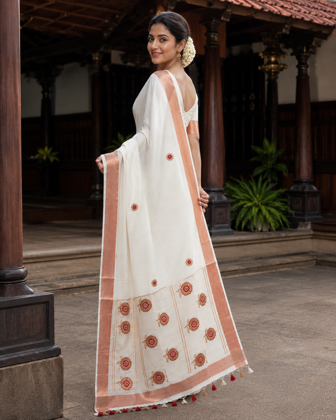 Pure Cotton Kerala Kasavu Saree with Copper Jerry Floral Thread Work