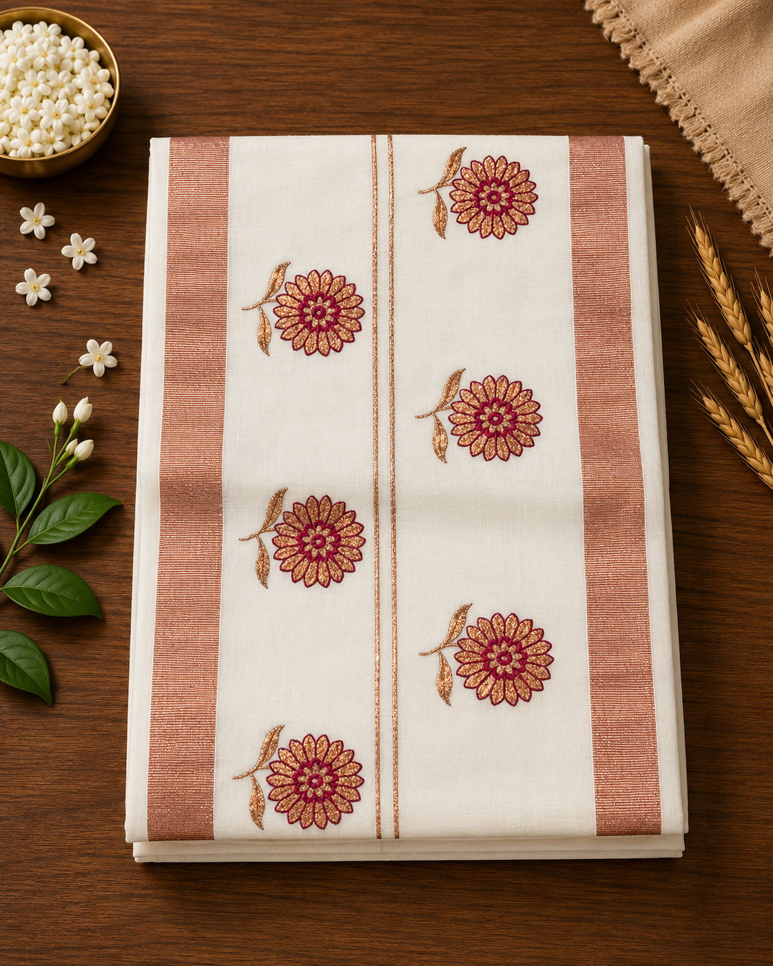 Pure Cotton Kerala Kasavu Saree with Copper Jerry Floral Thread Work