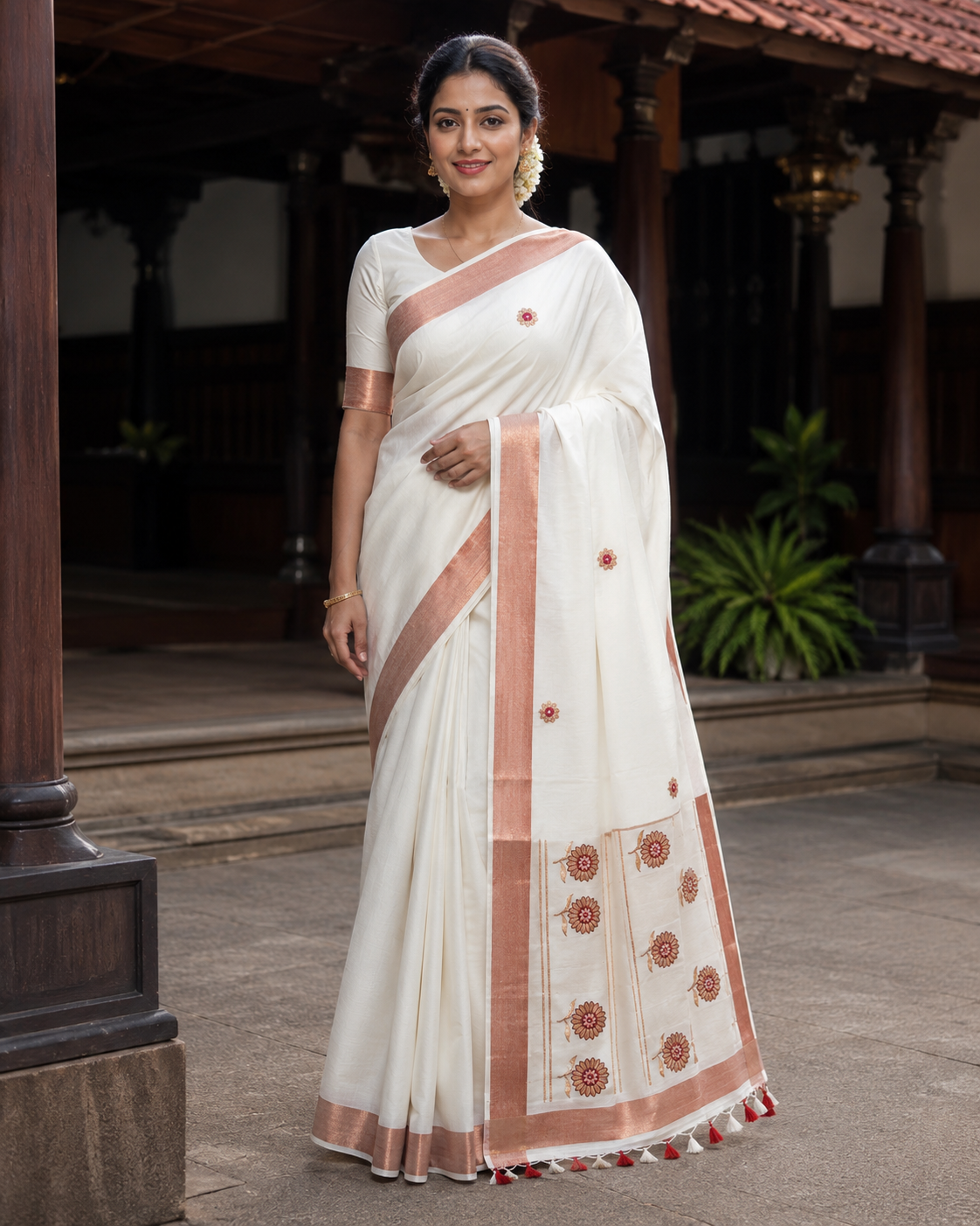 Pure Cotton Kerala Kasavu Saree with Copper Jerry Floral Thread Work