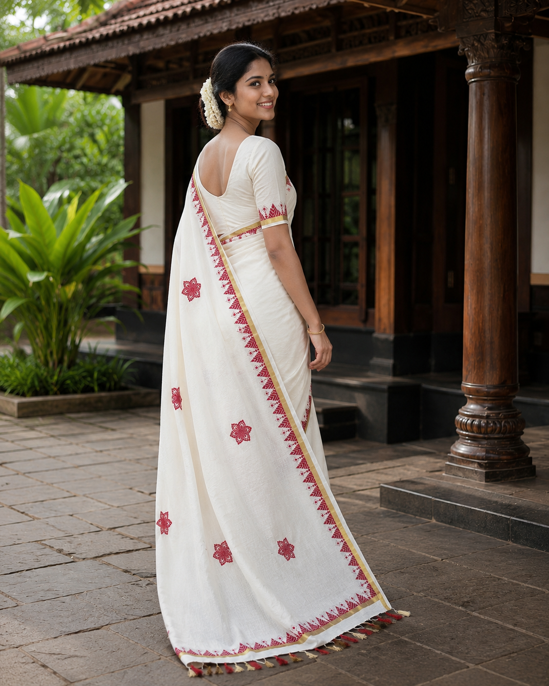 Pure Cotton Kerala Kasavu Saree with Floral motifs on Body and Temple Design Border