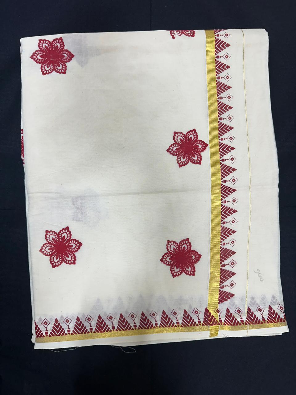 Pure Cotton Kerala Kasavu Saree with Floral motifs on Body and Temple Design Border