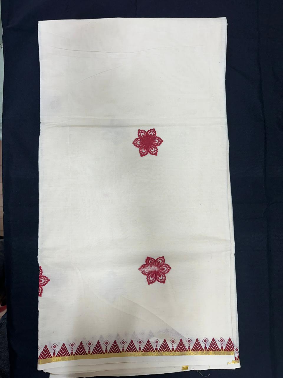Pure Cotton Kerala Kasavu Saree with Floral motifs on Body and Temple Design Border