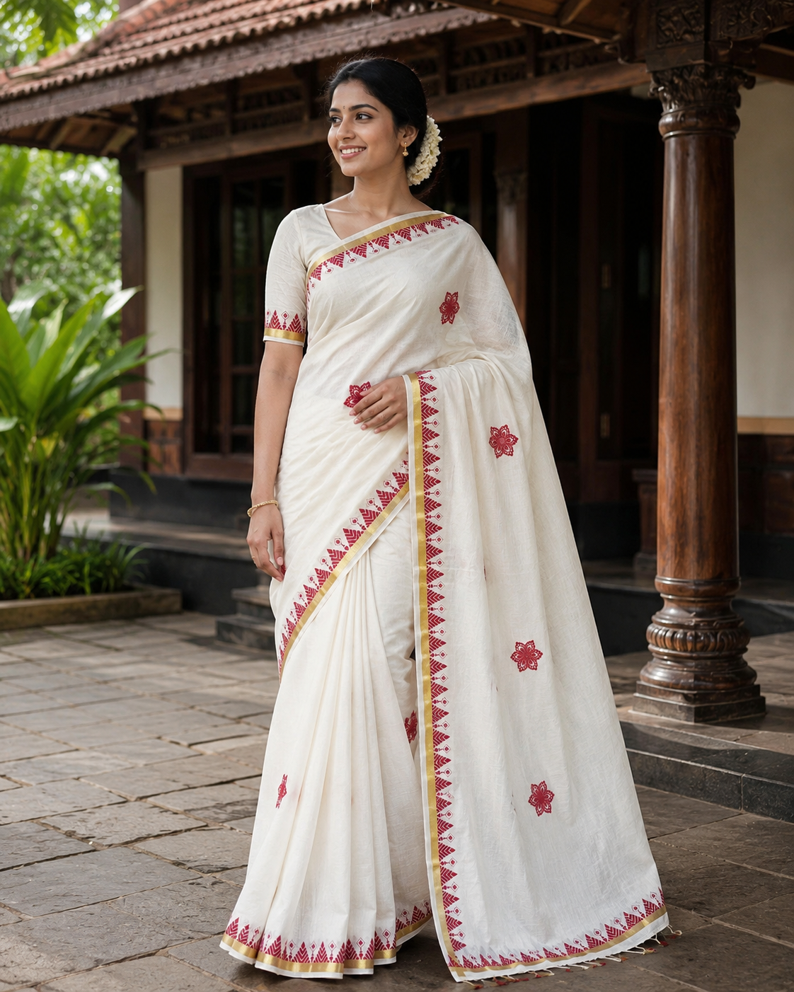 Pure Cotton Kerala Kasavu Saree with Floral motifs on Body and Temple Design Border